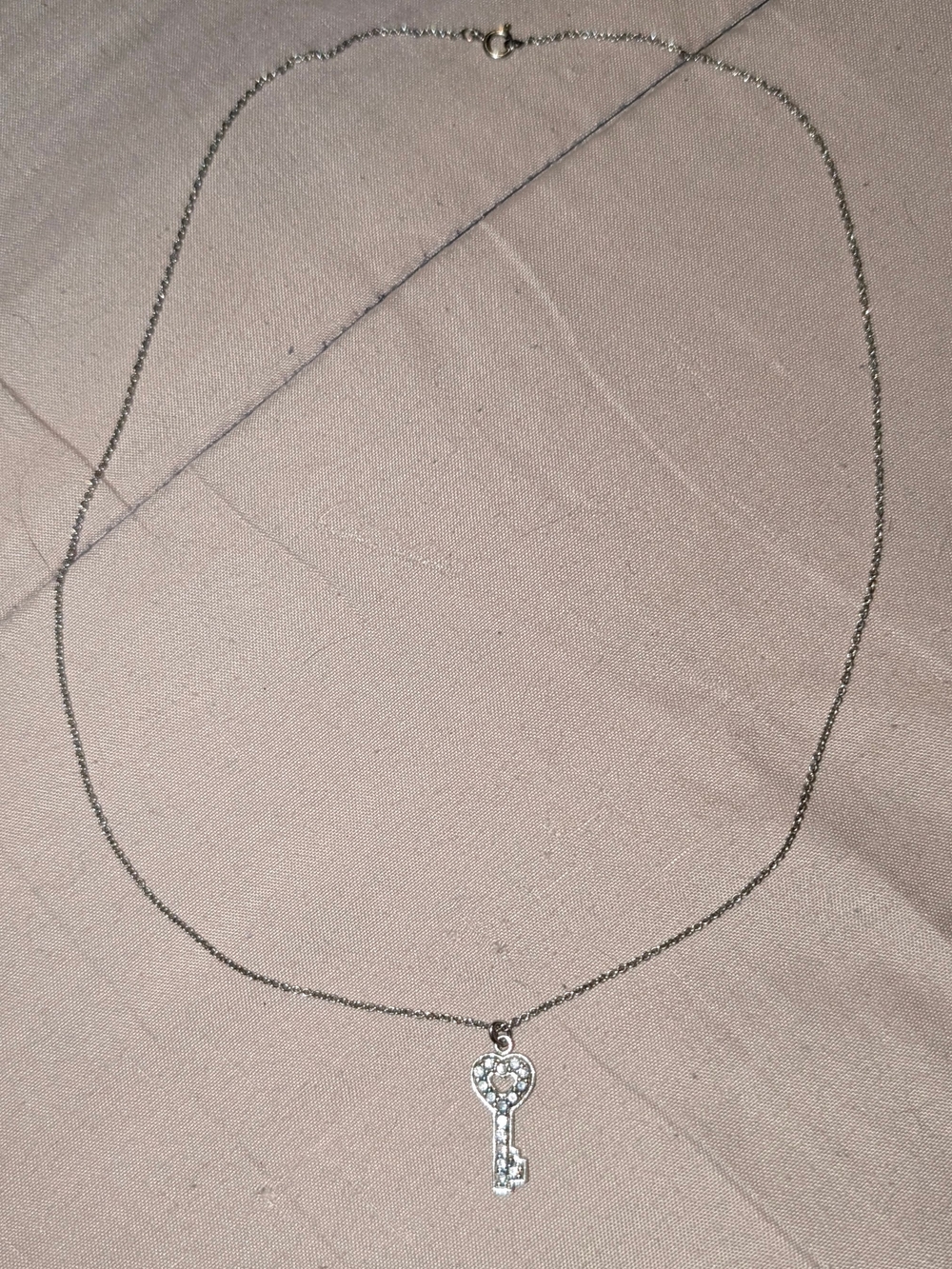 925 Sterling Silver Heart Key Pendant Necklace 16” Signed FAS Pave Clear CZ